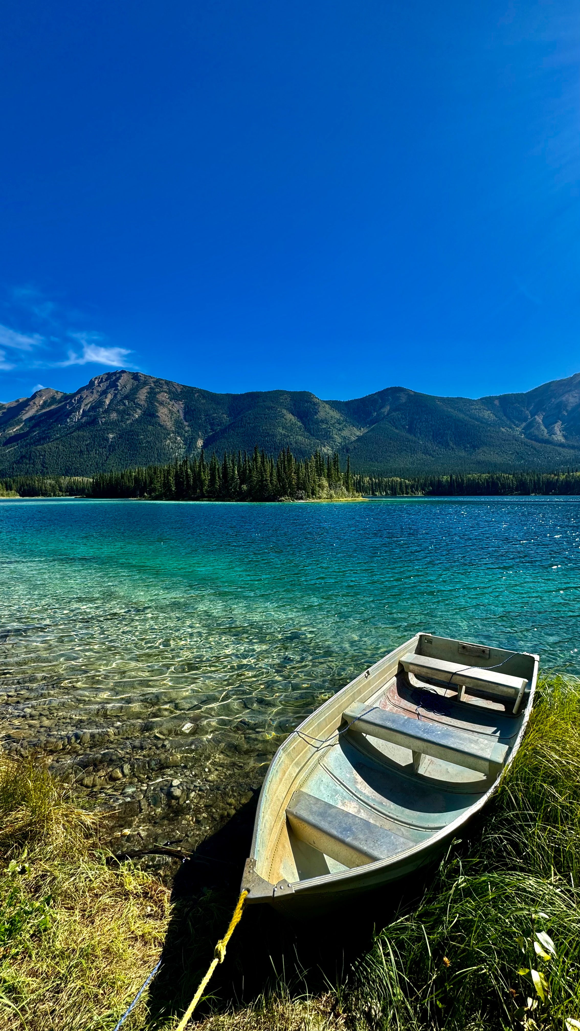 Rowboat on a grassy bank with a mountainous landscape and clear blue sky.